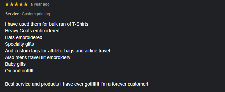 A testimonial of custom embroidery service 